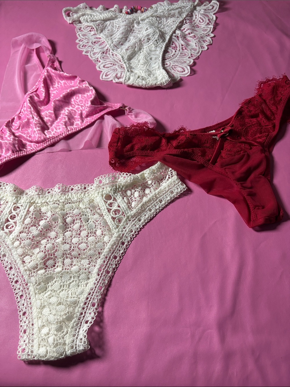 Lace Bikini Panty Trio — White, Pink & Red